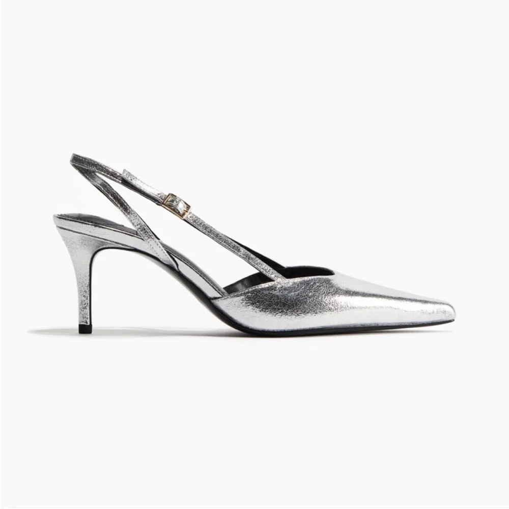 H&M Pointed Slingback Silver Kitten Heels - Picture 2 of 11